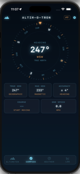 Altim-O-Tron's compass screen, showing a heading of 247 degrees with true and magnetic readouts.