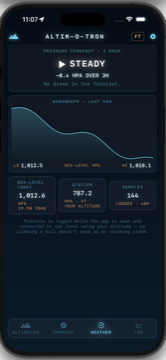 The app's weather screen showing a steady pressure tendency and a 48-hour barograph.