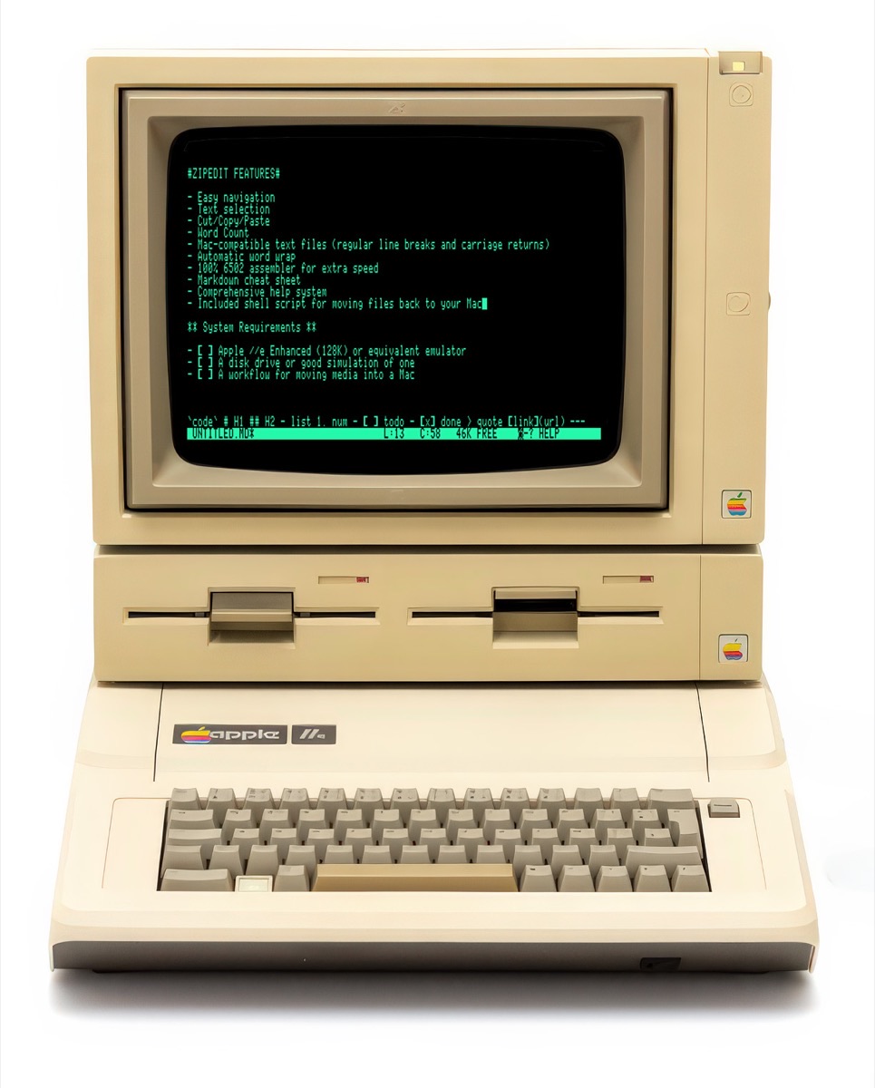 An Enhanced Apple //e with a monitor and two disk drives, showing ZipEdit's feature list in green text on the screen.