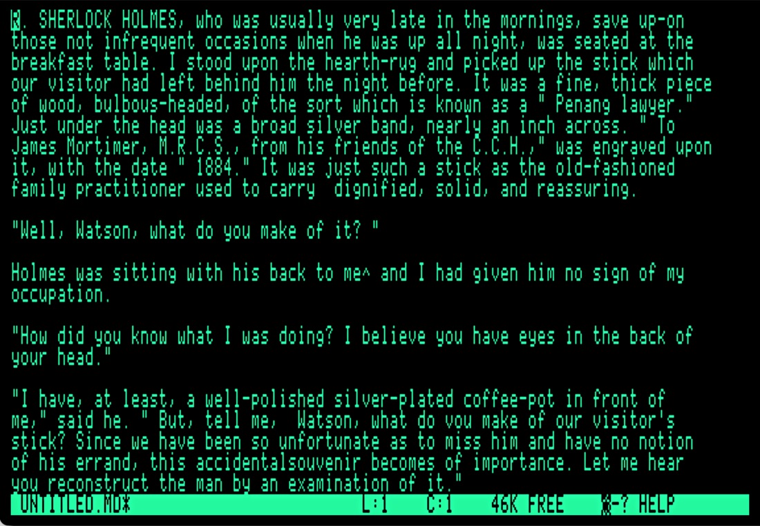 A full screen of prose in ZipEdit: the opening of The Hound of the Baskervilles, wrapped at 76 columns.