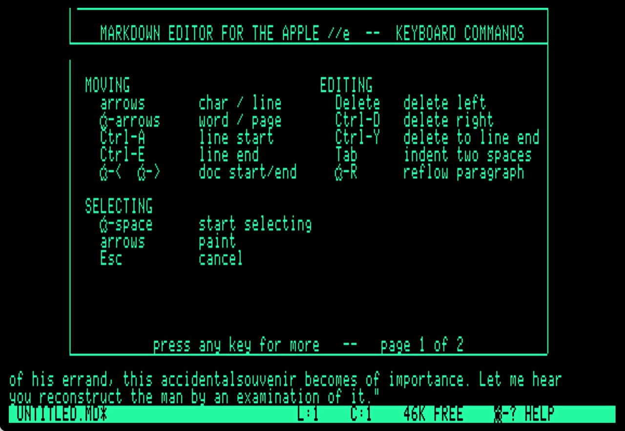 ZipEdit's help screen, a bordered panel listing keyboard commands under the headings Moving, Editing and Selecting.