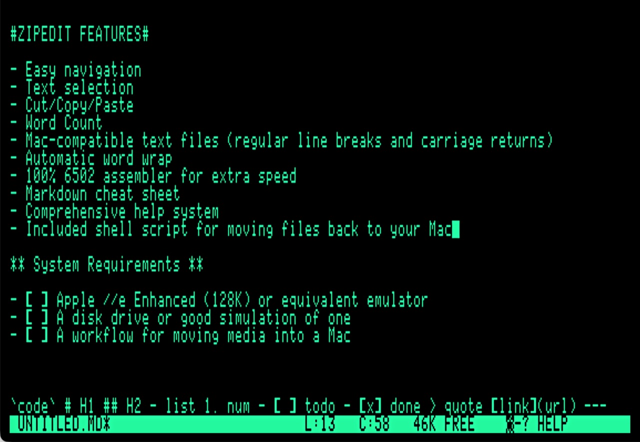 ZipEdit showing a Markdown document listing its own features, with the cheat sheet along the bottom row.