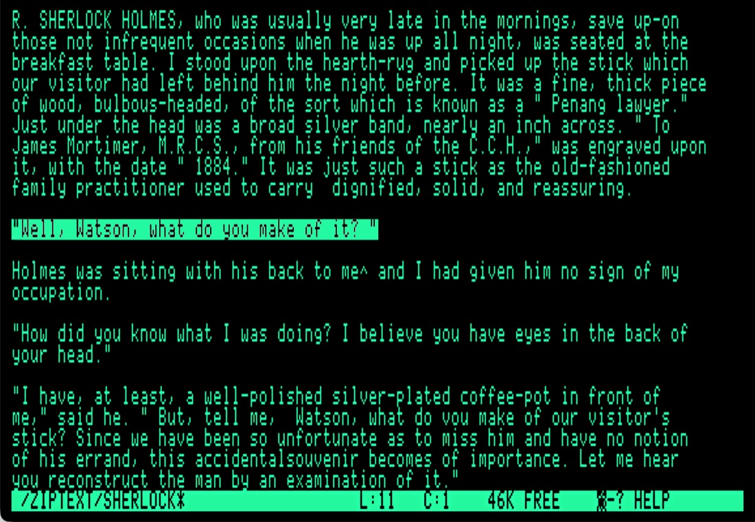 The same document with one line highlighted in inverse video, and the filename /ZIPTEXT/SHERLOCK in the status bar.