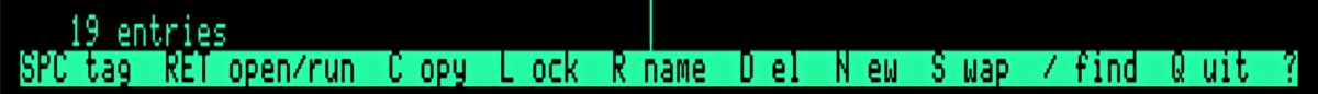 The bottom of ZipFiler's screen: an entry count, and a command bar reading SPC tag, RET open slash run, C opy, L ock, R name, D el, N ew, S wap, slash find, Q uit, question mark.