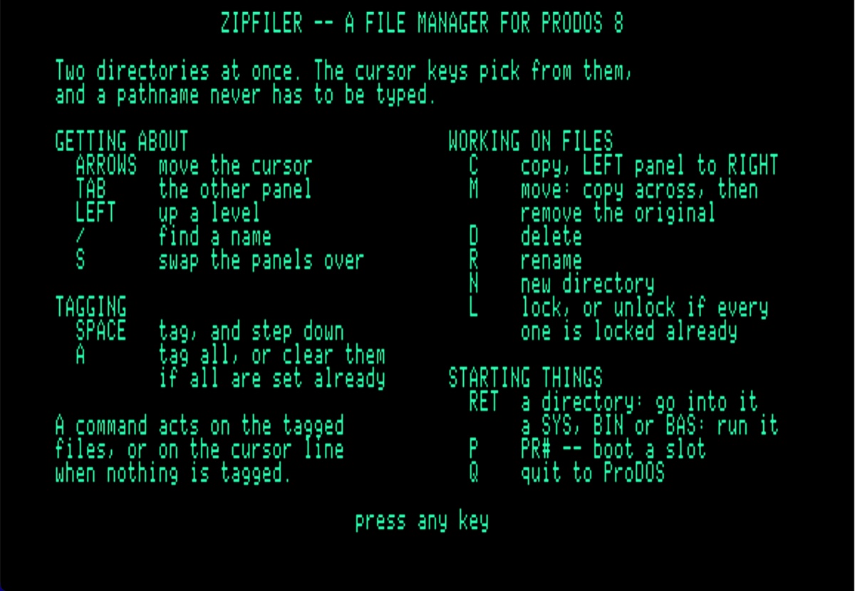 ZipFiler's help screen, listing the keys in two columns: getting about, tagging, working on files, and starting things.