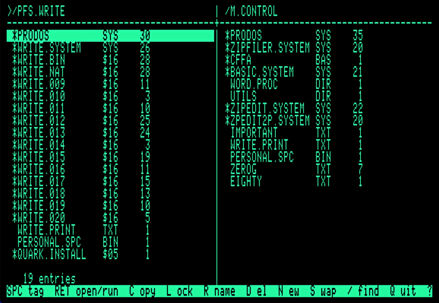ZipFiler on an Apple //e: two directory listings side by side in green text, /PFS.WRITE on the left with its cursor line highlighted, /M.CONTROL on the right, and a command bar along the bottom.