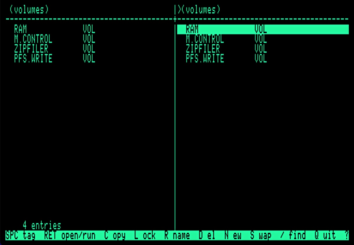 Both panels showing the volume list, with the right panel focused and its first entry highlighted.